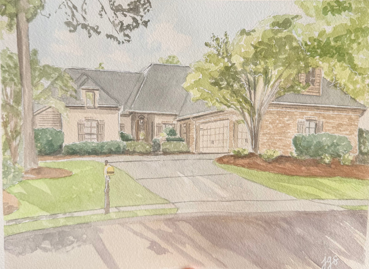 Watercolor painting of a home, available as a commission gift